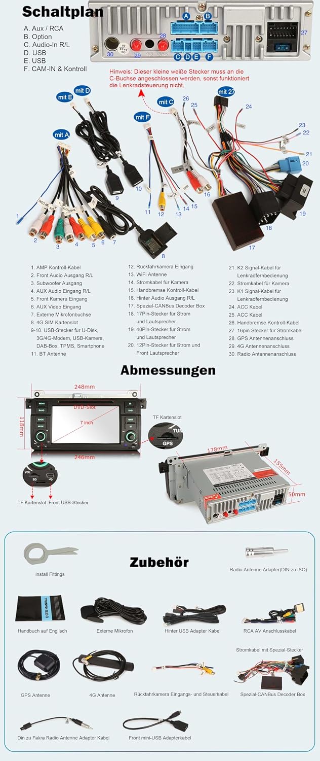 Erisin 7 Zoll 8-Kern 4GB RAM+64GB ROM Android 14 Autoradio mit GPS Navi für BMW E46 3er 318d 320 325