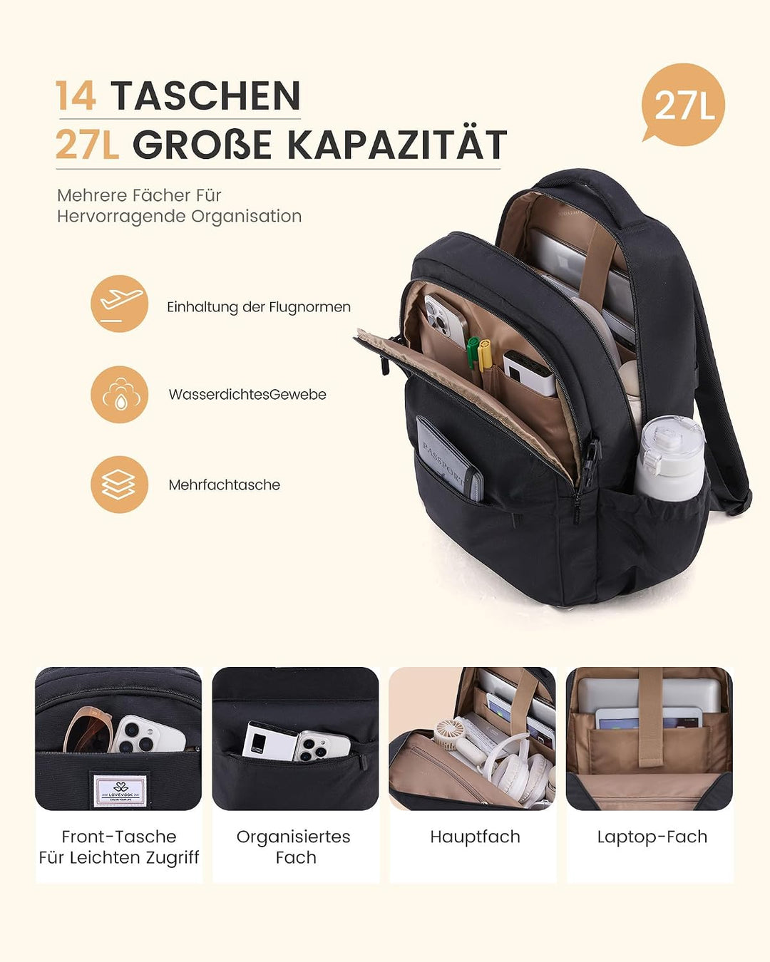 LOVEVOOK Schulrucksack Mädchen Teenager 15,6 Zoll Laptop Rucksack Damen M Schwarz, M Schwarz