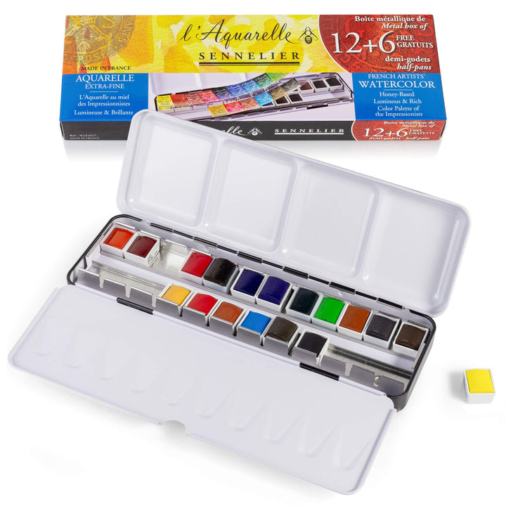 Sennelier Extra-fine Aquarellmetallkasten mit 12 1/2 Näpfchen + 6 gratis