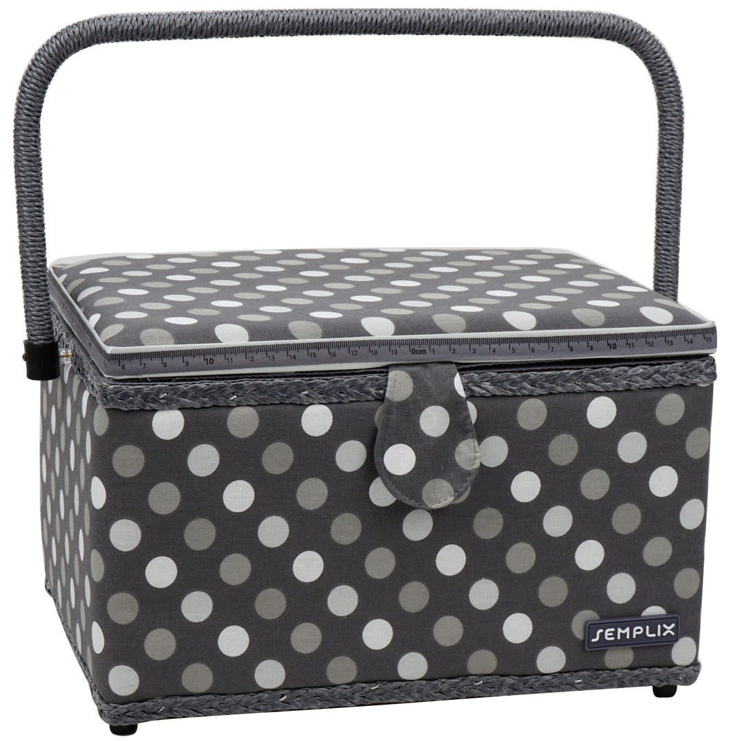 SEMPLIX Nähkorb Grösse L, Polka Dots Anthrazit/Grau (30,5x22,5x19cm), Nähkästchen im frechen Punkted