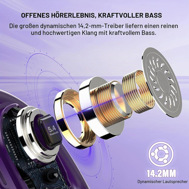 Open Ear Kopfhörer Bluetooth 5.4, 36Std Bluetooth Kopfhörer Tiefem Bass Dunkelviolett, Dunkelviolett