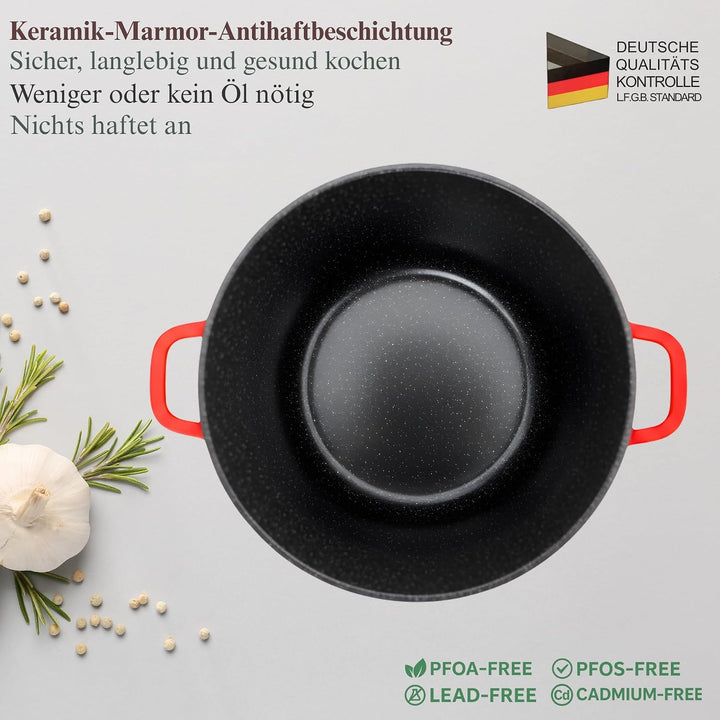 GOLDMANN Modern Rot 28 CM (10L) Aluguss-Kochtopf/Suppentopf mit Glasdeckel, Marmor-Keramik-Antihaftb