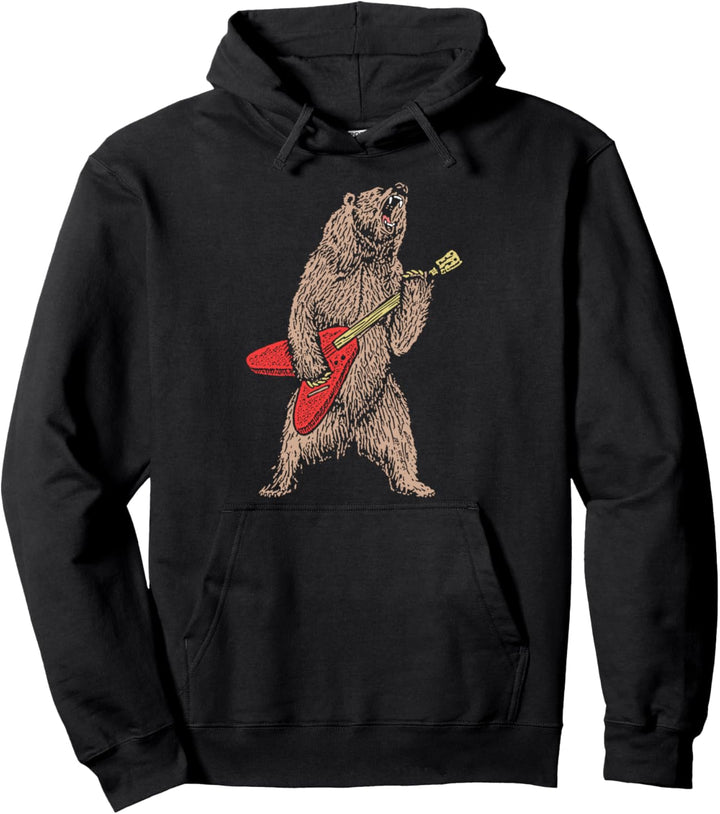 Rock &amp; Roll Roaring Grizzly Bear 80s Electric Guitar Pullover Hoodie