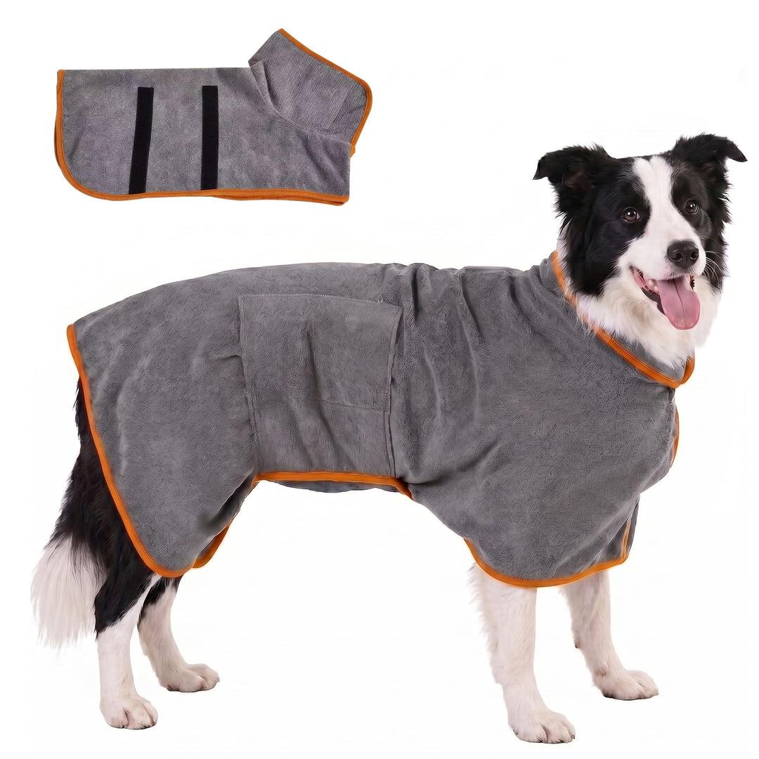 Hundebademantel Mikrofaser mit Klettverschluss saugstark Grau mit orangefarbenem Rand M, Grau mit or