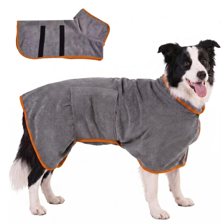 Hundebademantel Mikrofaser mit Klettverschluss saugstark Grau mit orangefarbenem Rand M, Grau mit or