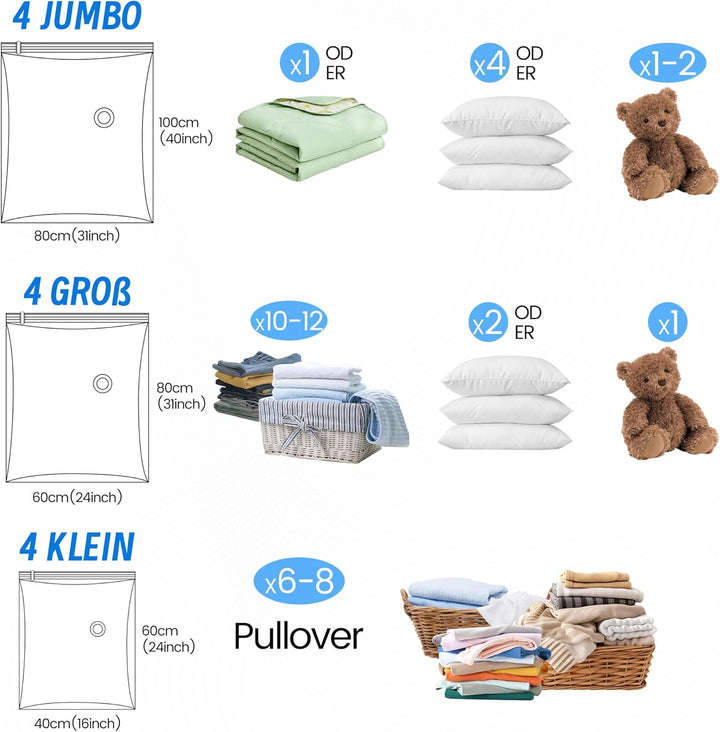 Vakuumbeutel für Kleidung Bettdecken, 12 Stück Vakuumierbeutel (4 * 100x80cm+4 * 80x60cm+4 * 60x40cm