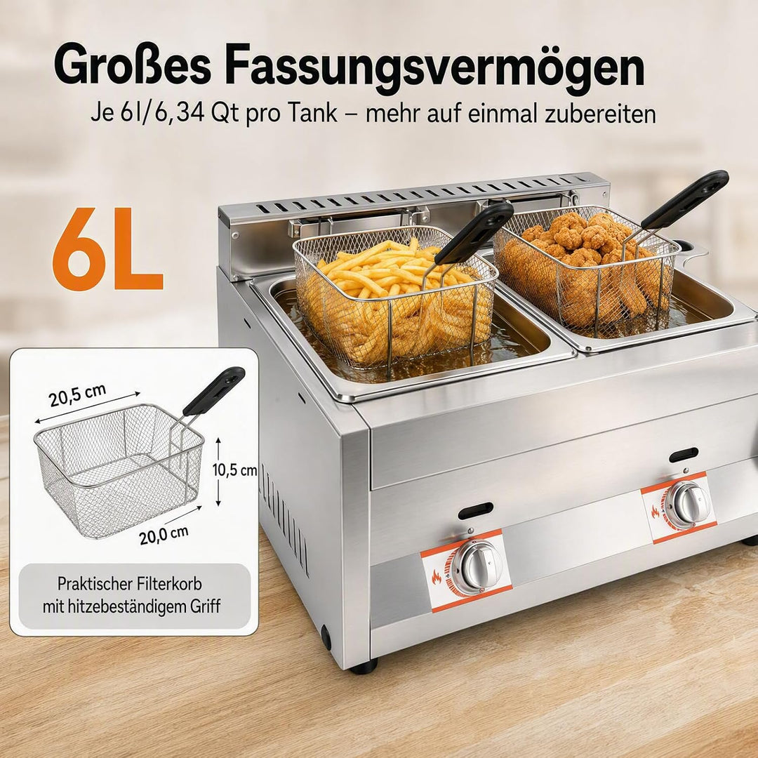 Kommerzielle Gas-Fritteuse mit Korb und Deckel, 2 x 6 L Edelstahl Fritteuse