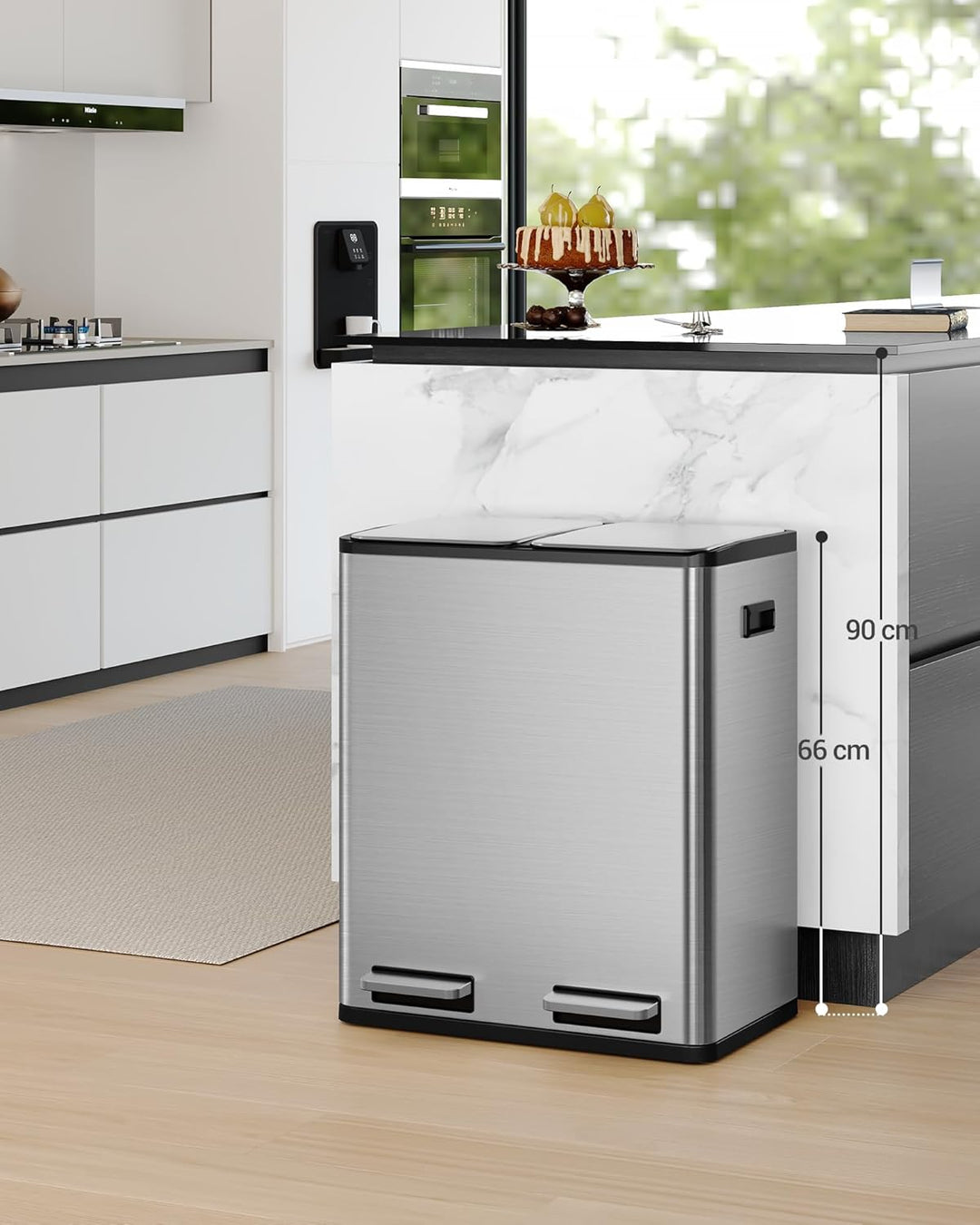 Hzuaneri Mülleimer Küche, Mülltrennsystem 2 Fächer 60 L (2 x 30 L), Edelstahl-küchenmülleimer, Tretm