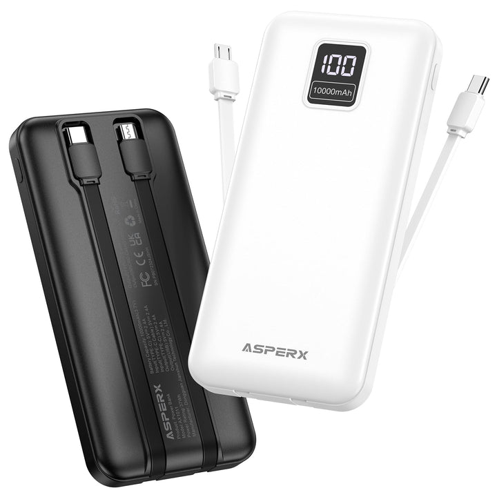 AsperX 2 Stück Powerbank 10000mAh mit USB-C Kabel Schnellladen Schwarz + Weiss, Schwarz + Weiss