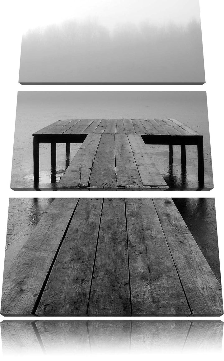 Pixxprint Steg am See Nebel 3-Teiler Leinwandbild 120x80 Bild auf Leinwand