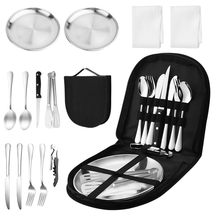 Camping Geschirr Set 2 Personen 14-teilig, Picknick Set, Edelstahl Outdoor Geschirr für Outdoor, Cam