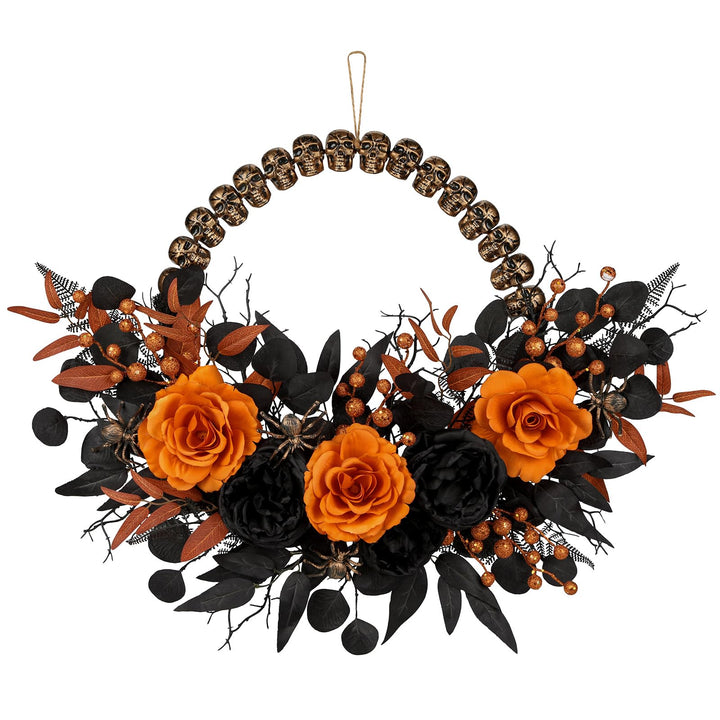 Briful Halloween Türkranz 66cm – Künstlicher Gruselkranz mit Schädel, Spinne, Schwarze &amp; Orange Rose