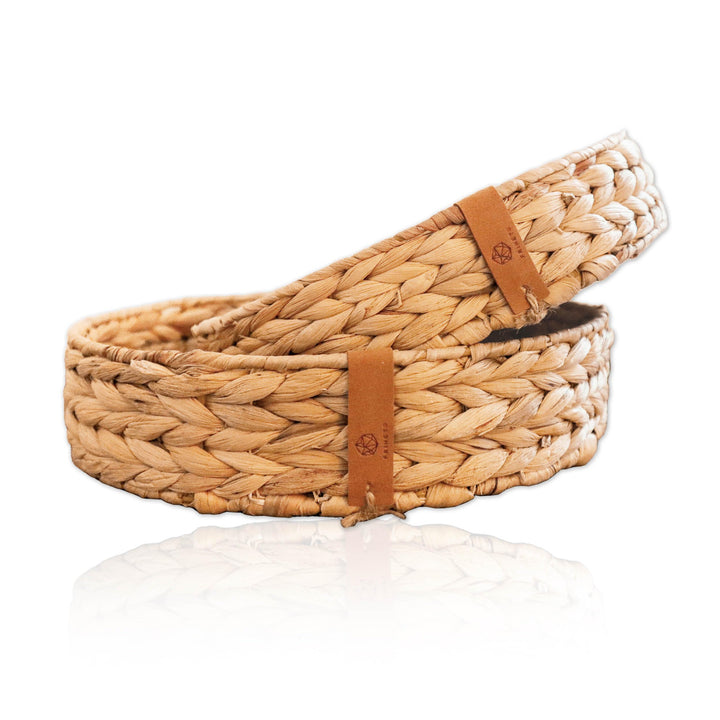 FRIHET® rundes Serviertablett | geflochtene Wasserhyazinthe | Deko Tablett in Boho-Chic | Tablett in