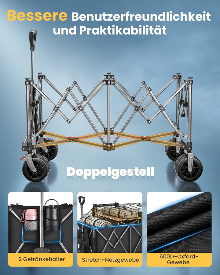 YEAUPE PRO Bollerwagen Faltbar, 260L 250KG Handwagen mit Bremsen Belastbar, Extra Breite 17x10 cm Re