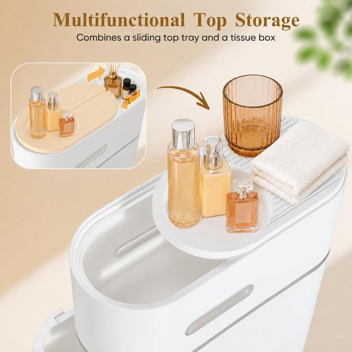 Schmale Badezimmerschrank mit Rollen, Ohne Montage, Weiss