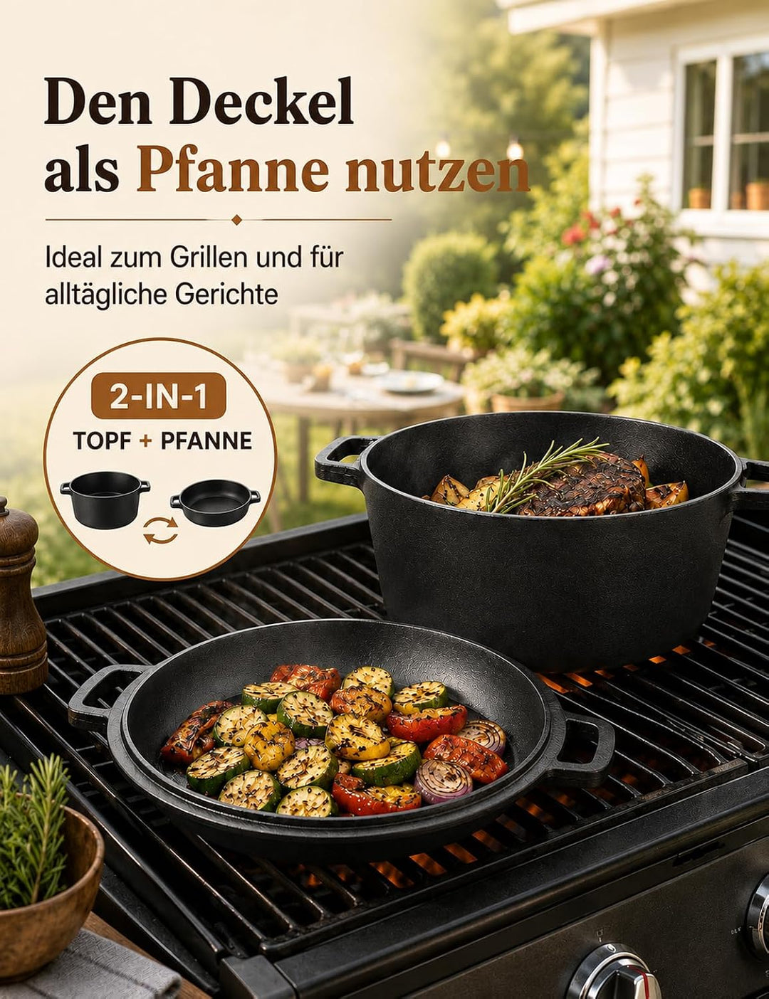 Gusseisen Topf zum Brotbacken, 26 cm, Rund 4,7 L, mit Pfannendeckel