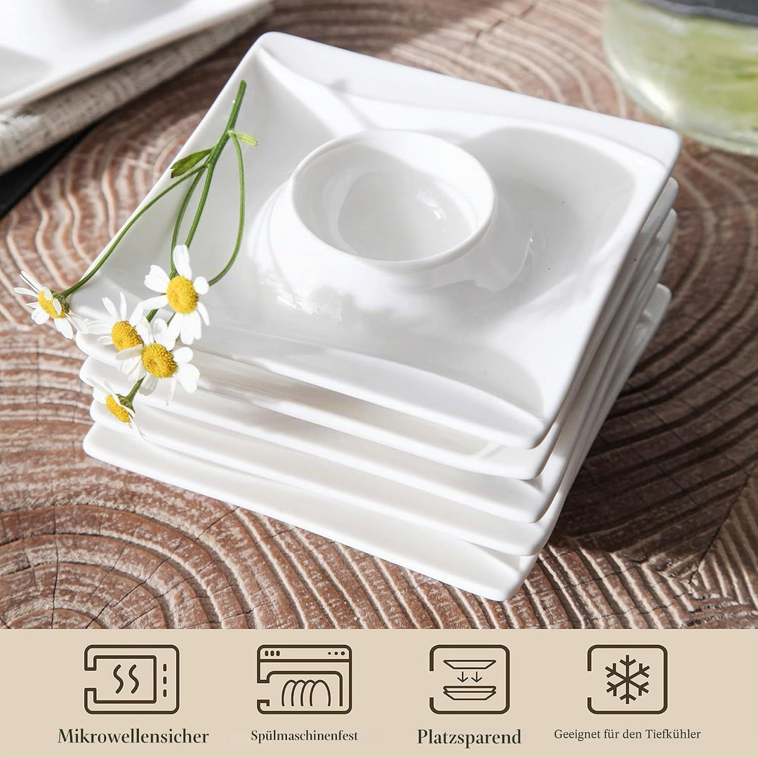 MALACASA, Serie Flora, 6 TLG. Eierbecher Set, Cremeweiss Porzellan Eierbecher mit Ablage, Eierstände