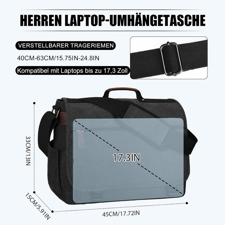 Eshow Umhängetasche Herren Wasserabweisend, Laptoptasche 17,3 Zoll aus Echtleder und Canvas, Messeng