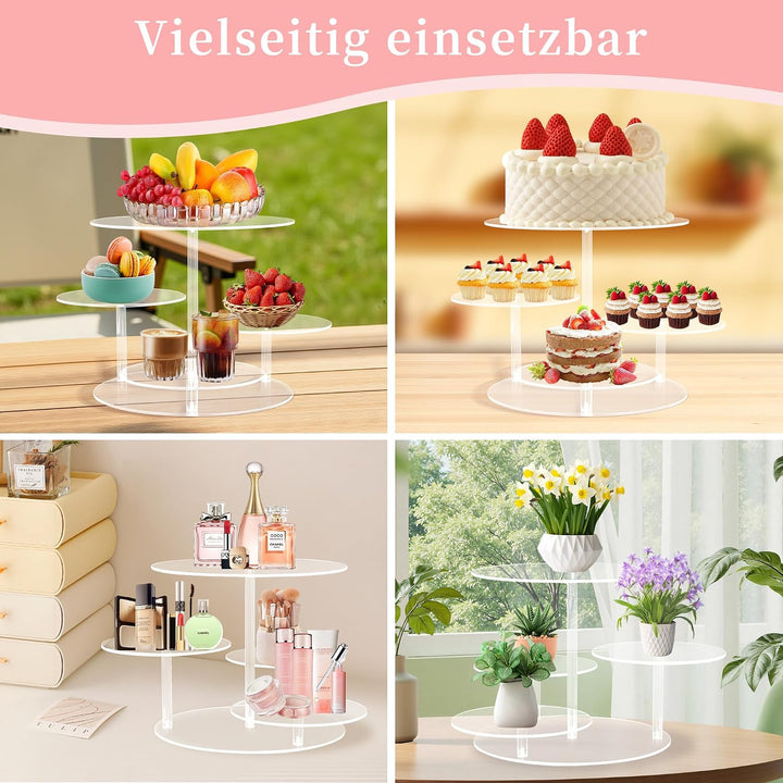 ohbien 4 Etagen Kuchen und Cupcake Ständer, Acryl Rund Tortenständer | Transparent für 8-12 Inch Kuc