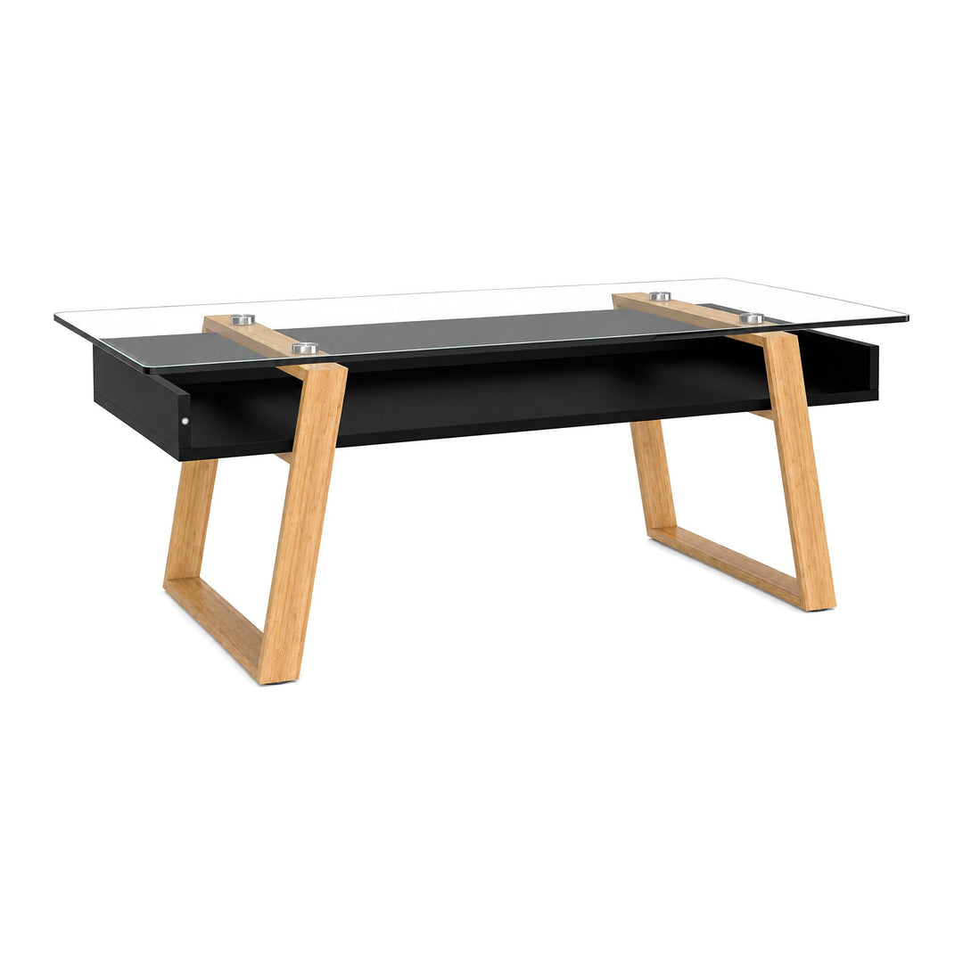 Couchtisch Glas Schwarz mit Bambus – Moderner Glastisch Wohnzimmer mit Ablage 110x55x40 cm – Wohnzim