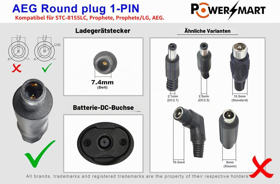 PowerSmart 4A 42V Ladegerät Ersatz für 36V AEG Akku ZZ361, mit 7,4mm Stecker, Kleiner 1-Pin