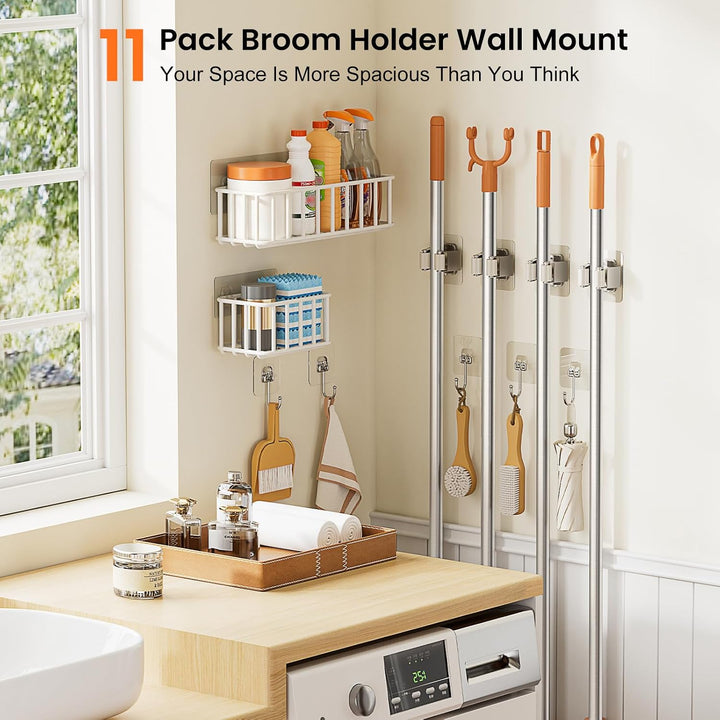 Besenhalterung Wand Ohne Bohren mit 4 Halter+5 Klebehaken +2 korb