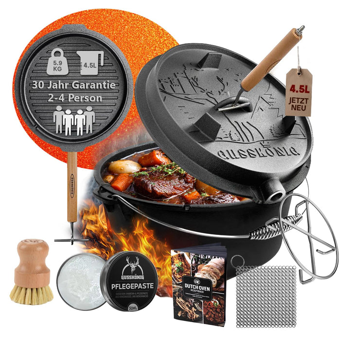 Dutch Oven Set–Eingebrannter Dutch Oven 4,5L [2-4Person]–Feuertopf Gusseisen ohne Füsse–Schmortopf D