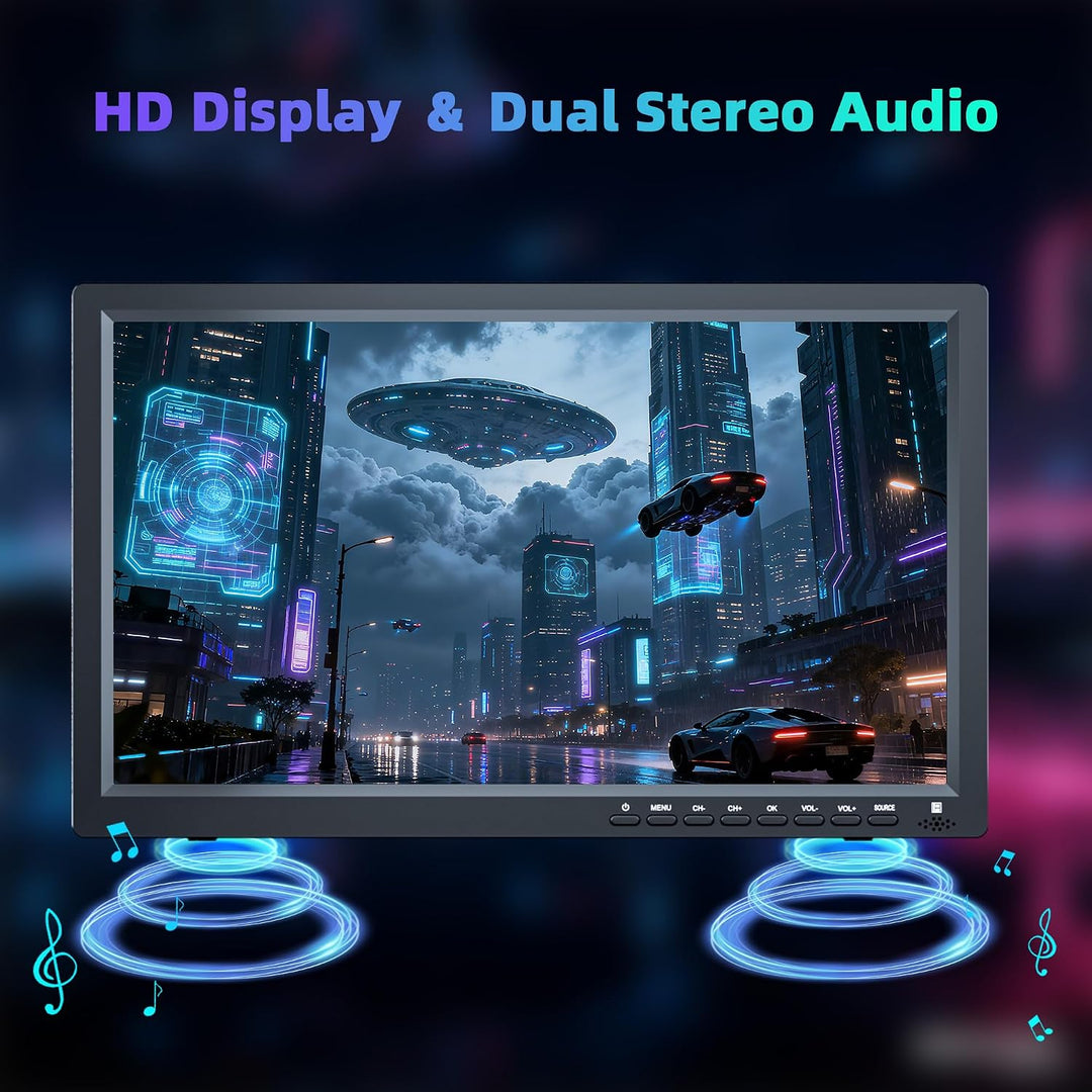 DESOBRY Tragbarer Fernseher 15,6 Zoll 1080P | DVB-T2, USB HDMI AV-Eingang, 12V TV Mit Akku für Campi