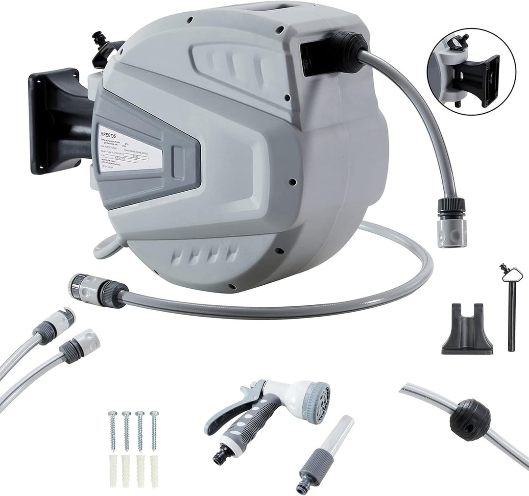 Arebos Schlauchaufroller 30m | Schlauchtrommel Wandschlauchbox | Grau, Grau
