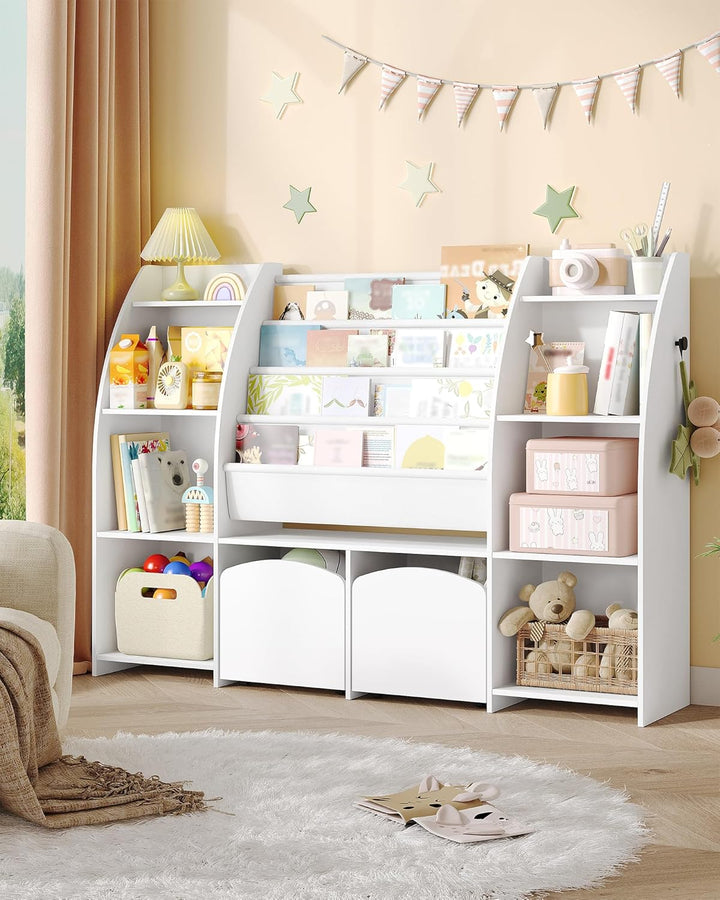 Hzuaneri Kinderregal mit Zeitungsständer, Bücherregal Kinder mit 3 Säulen, 4 Ablagen, Spielzeugregal