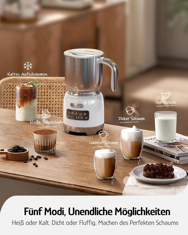 Hazel Quinn Milchaufschäumer 5-in-1 Funktionalität, 450 ml für Milchschaum heiss und kalt, heisse Sc