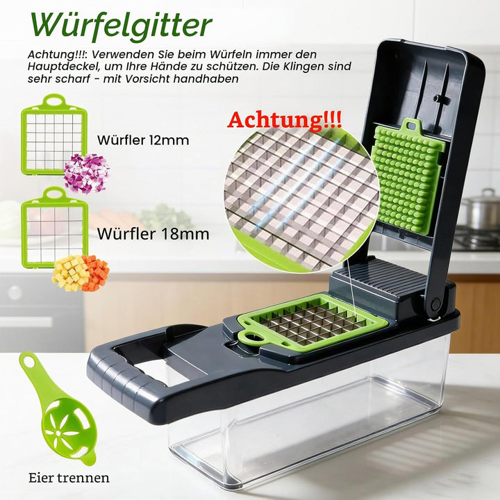 16-in-1 Gemüseschneider &amp; MandoIine – Multifunktionaler Gemüsehobel mit Auffangbehälter, Abtropfkorb