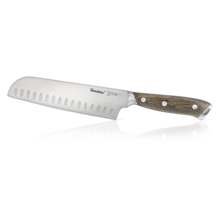 Cuchillo Santoku Línea HERITAGE de Metaltex con mango de madera y hoja enteriza de 18 cm