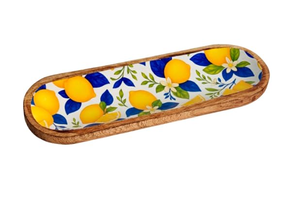 Serviertablett 29,5 cm Zitronen - Rechteckiges Tablett Holz &amp; Harz - Zitrusdekor Gelb &amp; Blau - 29,5
