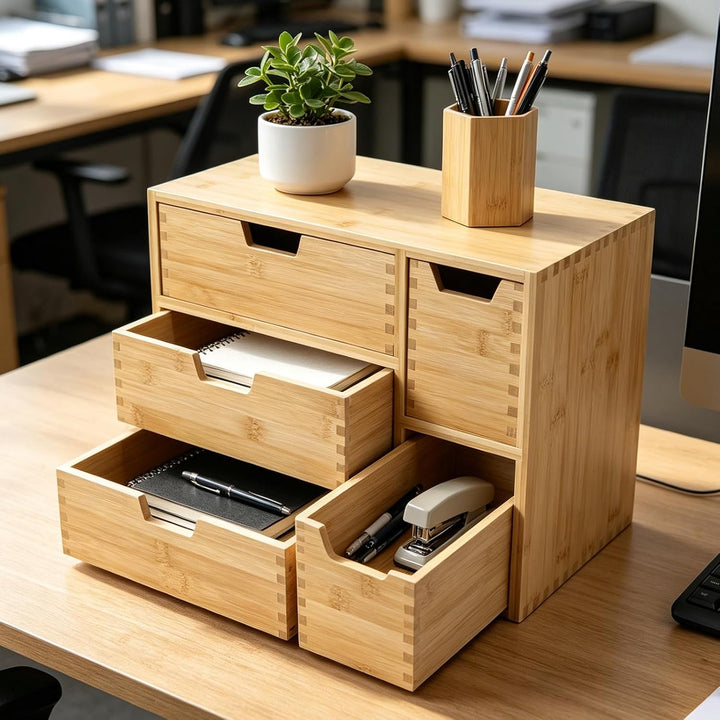 EFUTURETIME Schubladenbox Holz 36 × 20 × 28,5cm Bambus mit 5 Schubladen, 5 Schubladen