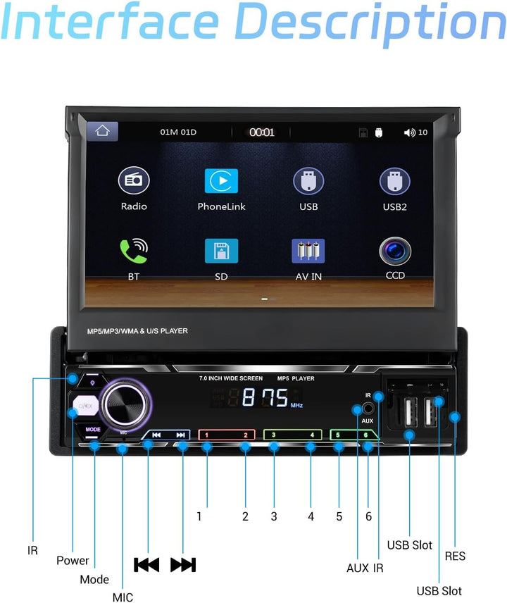 Rimoody Autoradio 1 Din Wireless Carplay Android Auto con 7 Pollici HD Touchscreen Manuell Einziehba