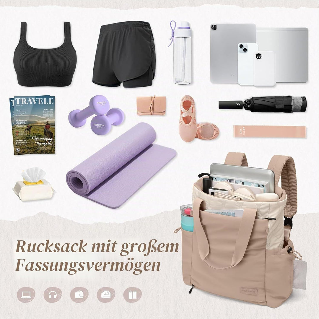 GOLF SUPAGS Convertible Laptop Rucksack Damen Yogatasche Sporttasche, Gesteppte Tragetasche, Yogamat