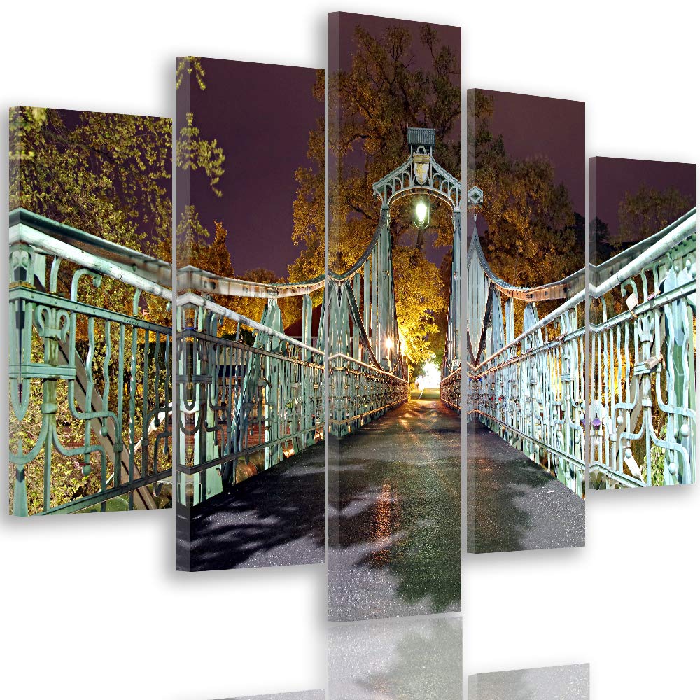 Feeby Wanddeko XXL Brücke Leinwandbild 5 Teilig Architektur Abend Lichter grün 100x70 cm Leinwandbil