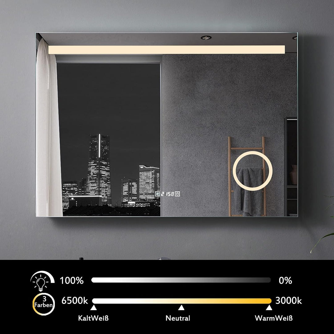 MIQU Badezimmerspiegel mit Beleuchtung 80x60cm Badspiegel Warmweiss/Kaltweiss LED Licht Wandspiegel