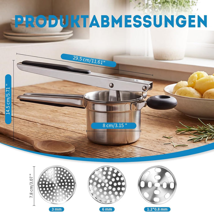405ml Kartoffelstampfer Edelstahl Mit 3 Austauschbaren Platten | Vielzweck Kartoffelpresse Edelstahl