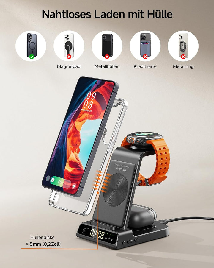 Induktive Ladestation für Samsung S25 Ultra, 3 in 1 Wireless Charger für Samsung Galaxy Watch 8/Ultr