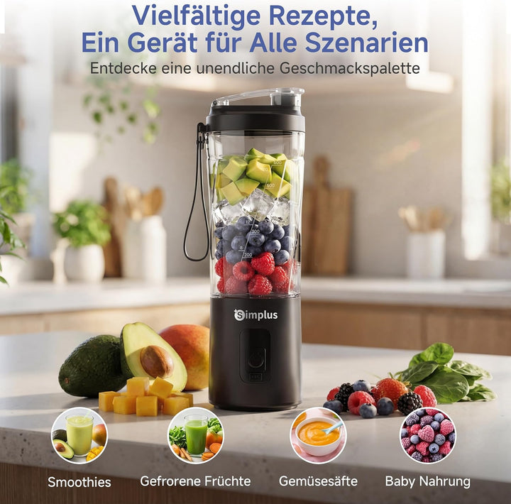 SIMPLUS Tragbarer Mixer 800ml Smoothie Maker To Go, USB-C Wiederaufladbarer Mini Standmixer, 6 Edels