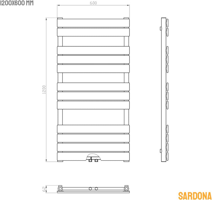WITEN&amp;NOCK SARDORA Design Badheizkörper 1200 x 600 mm Handtuchheizung Handtuchtrockner 2in1 Mittelan