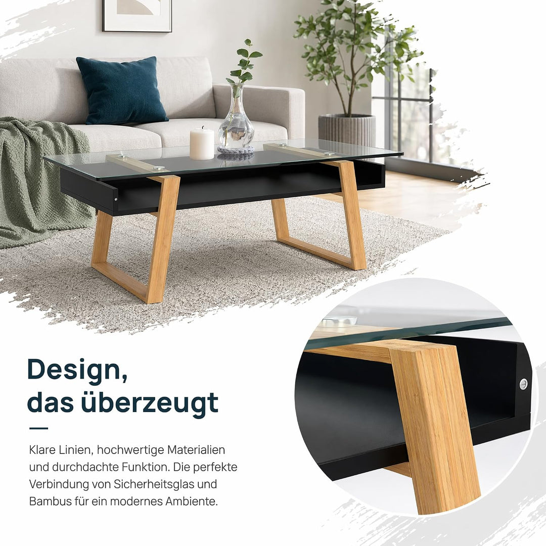 Couchtisch Glas Schwarz mit Bambus – Moderner Glastisch Wohnzimmer mit Ablage 110x55x40 cm – Wohnzim