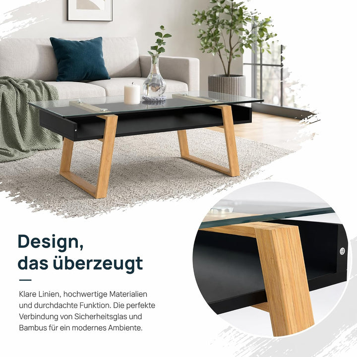 Couchtisch Glas Schwarz mit Bambus – Moderner Glastisch Wohnzimmer mit Ablage 110x55x40 cm – Wohnzim