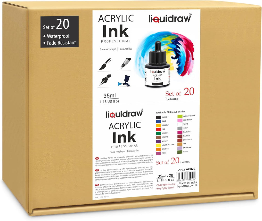 Liquidraw Acryl Zeichentinte - 20 verschiedene Farben | 35 ml Flaschen mit Tintentropfer | geeignet