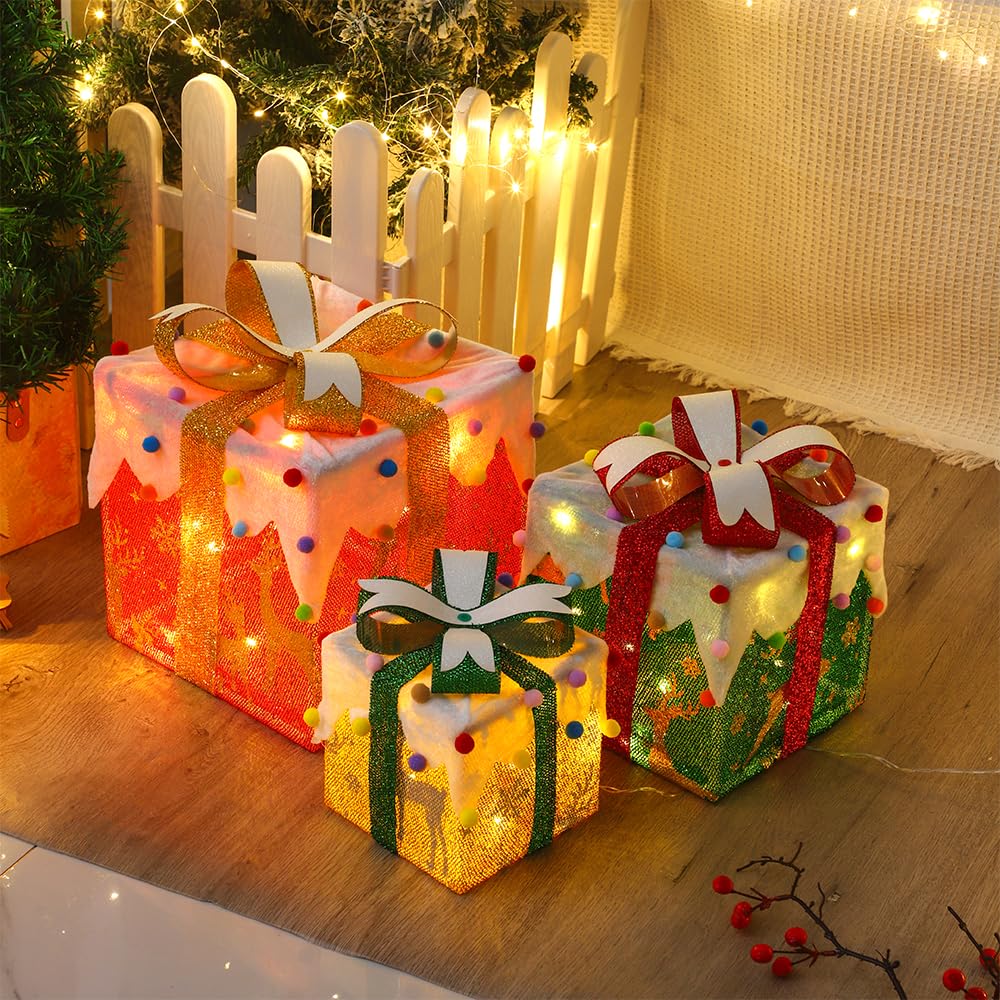 Led Geschenkbox Weihnachten mit Timer 3er Set, Led Deko Geschenke Leucht Boxen, Weihnachtsdeko Leuch