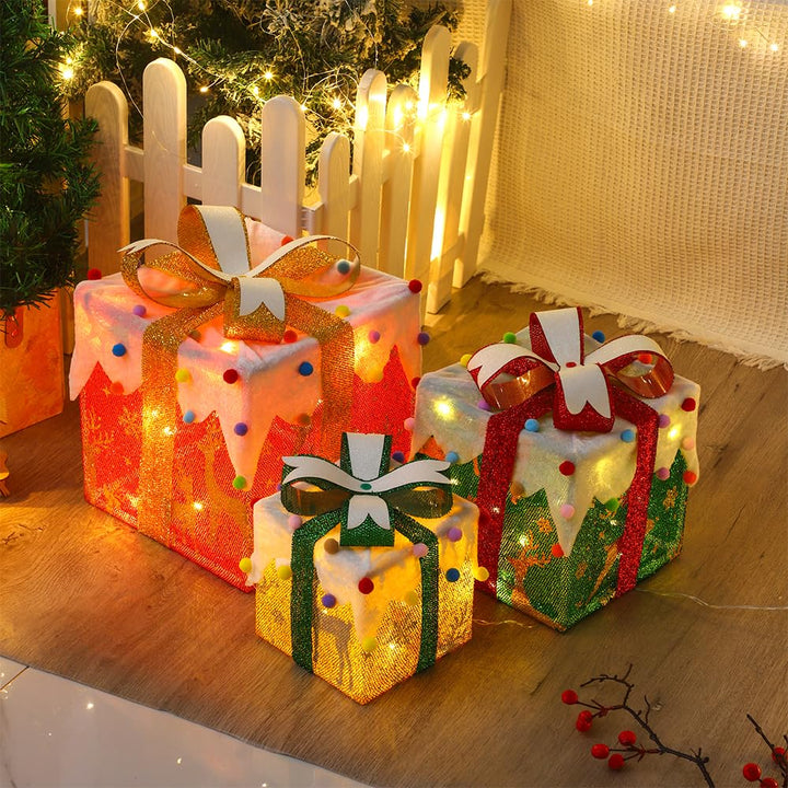 Led Geschenkbox Weihnachten mit Timer 3er Set, Led Deko Geschenke Leucht Boxen, Weihnachtsdeko Leuch