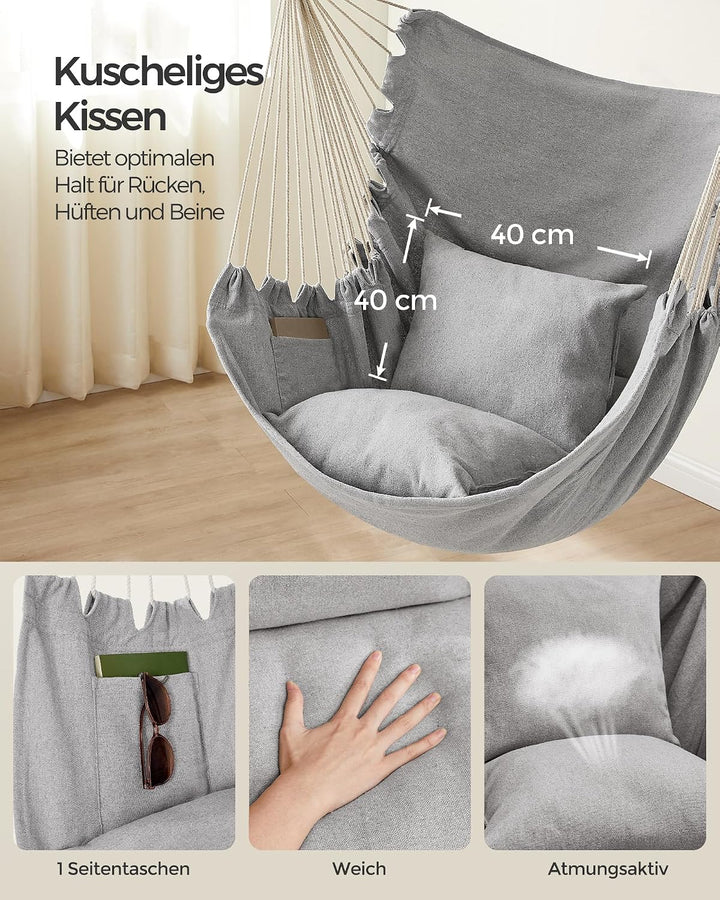 SONGMICS Hängesessel, Hängeschaukel, Hängestuhl mit 2 Kissen, Metallkette, bis 150 kg belastbar, Ind