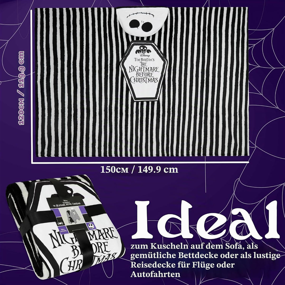 Disney The Nightmare Before Christmas Kuscheldecke mit Kapuze 150x120cm, Weiche Warme Fleecedecke, F